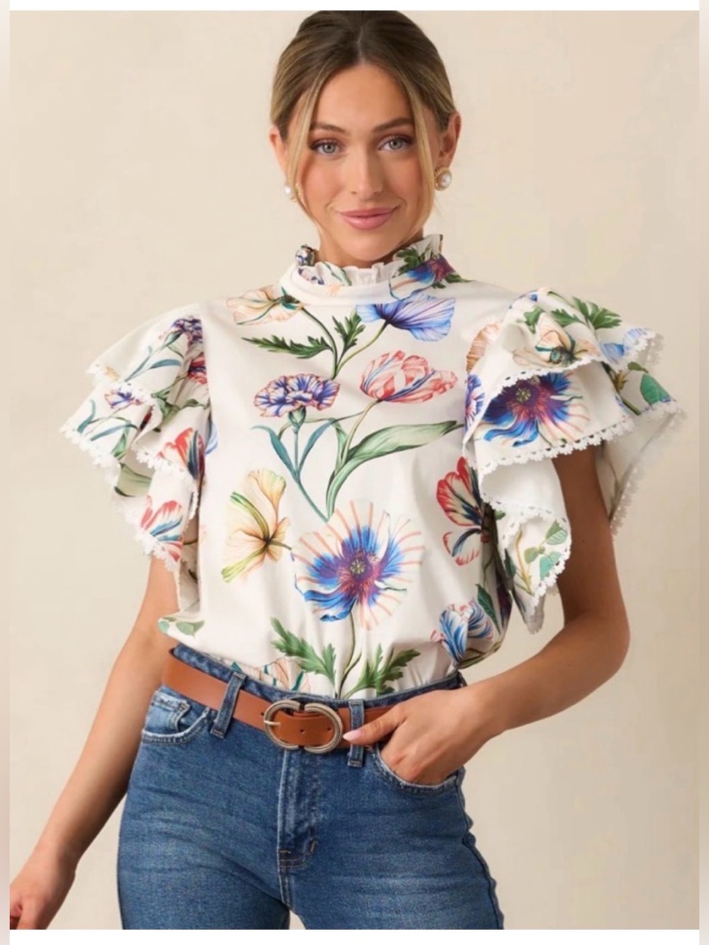 PROSPERINA Blair White Floral Ruffle Sleeve Blouse Size Medium NWT